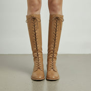 Women's Tan Plain-Toe Lace-Up Leather Knee-High Boots — Dillingham