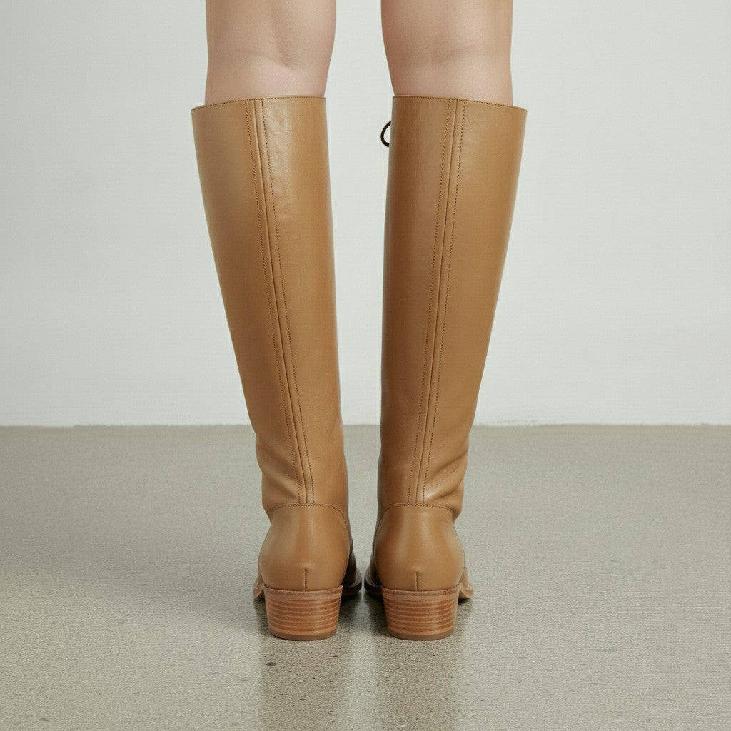 Women's Tan Plain-Toe Lace-Up Leather Knee-High Boots — Dillingham