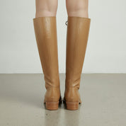 Women's Tan Plain-Toe Lace-Up Leather Knee-High Boots — Dillingham