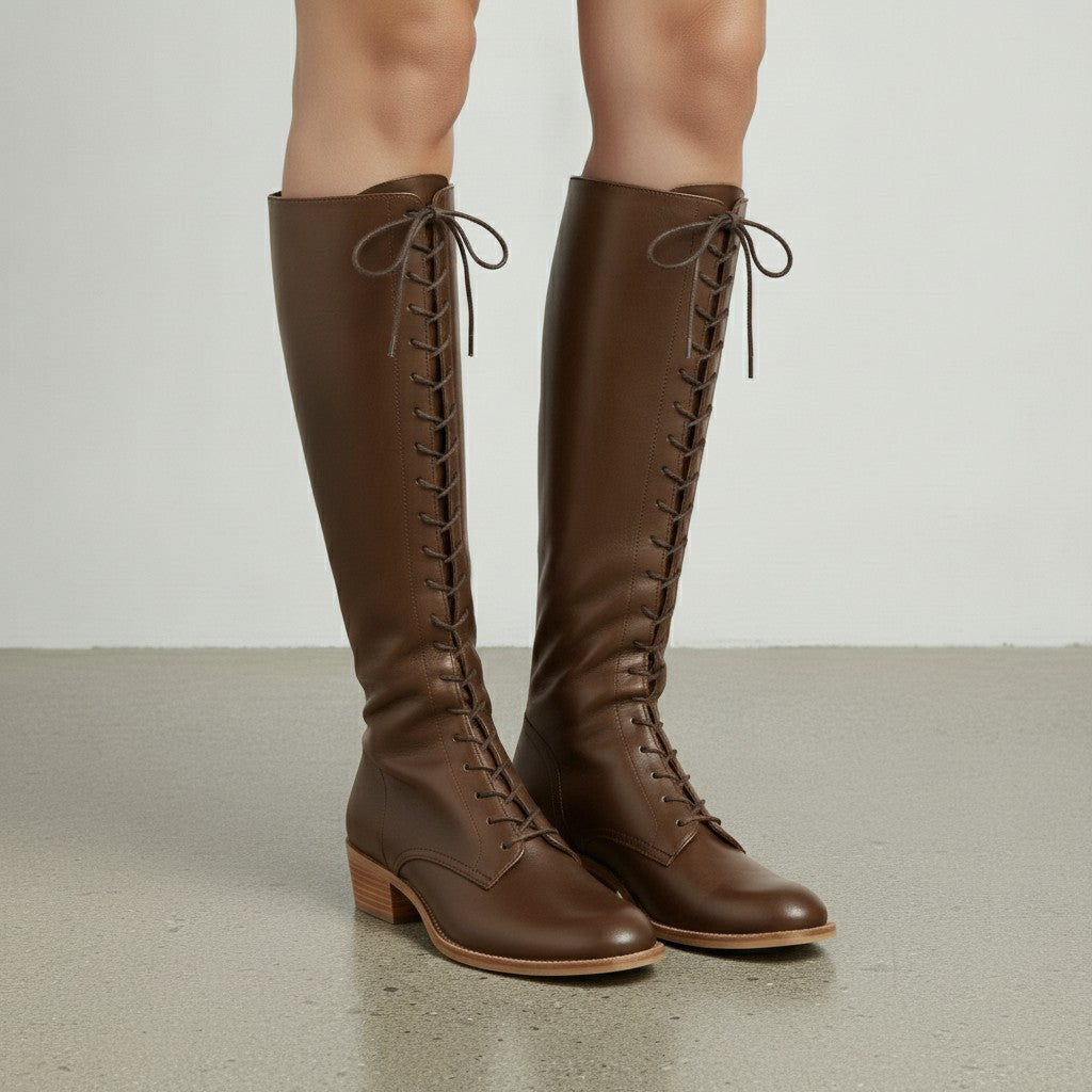 Women's Brown Plain-Toe Lace-Up Leather Knee-High Boots — Dillingham