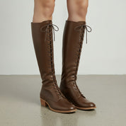Women's Brown Plain-Toe Lace-Up Leather Knee-High Boots — Dillingham