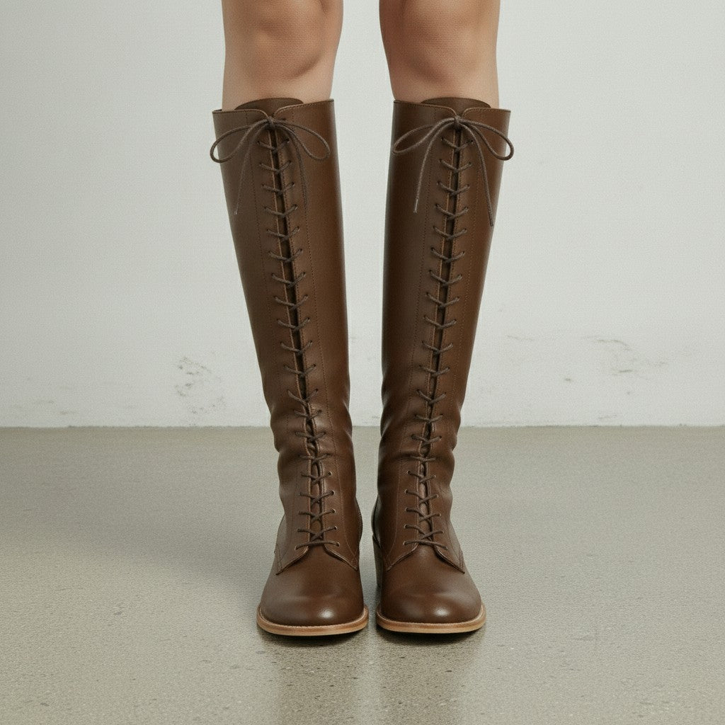 Women's Brown Plain-Toe Lace-Up Leather Knee-High Boots — Dillingham