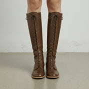 Women's Brown Plain-Toe Lace-Up Leather Knee-High Boots — Dillingham