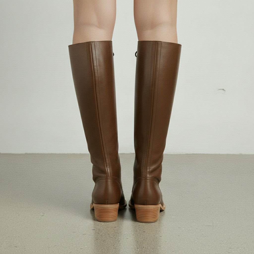 Women's Brown Plain-Toe Lace-Up Leather Knee-High Boots — Dillingham