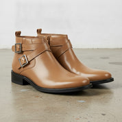 Men's Tan Plain-Toe Leather Biker Boots