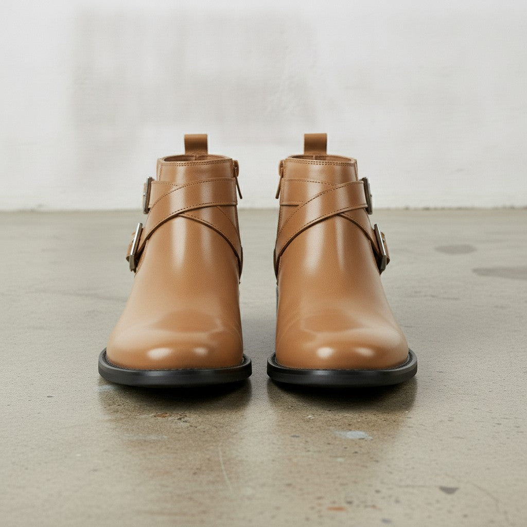 Men's Tan Plain-Toe Leather Biker Boots