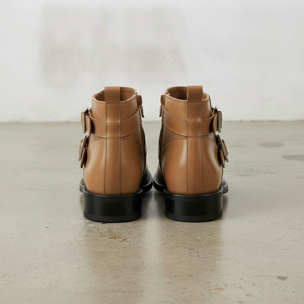 Men's Tan Plain-Toe Leather Biker Boots