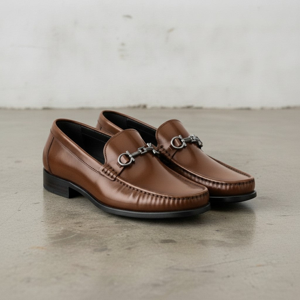 Men's Brown Apron-Toe Leather Bit Loafers