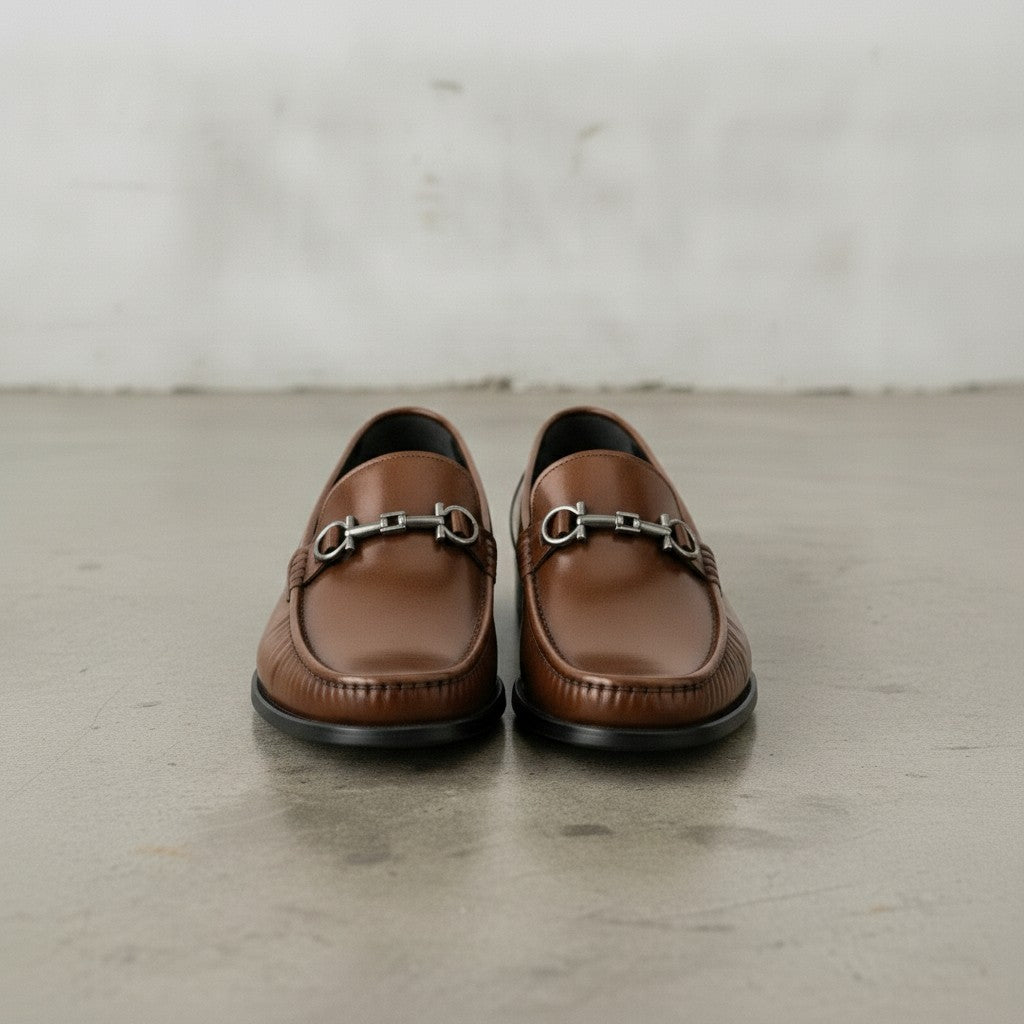 Men's Brown Apron-Toe Leather Bit Loafers
