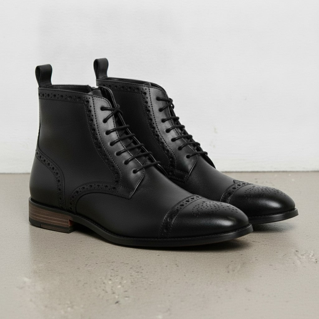 Men's Black Cap-Toe Leather Derby Boots