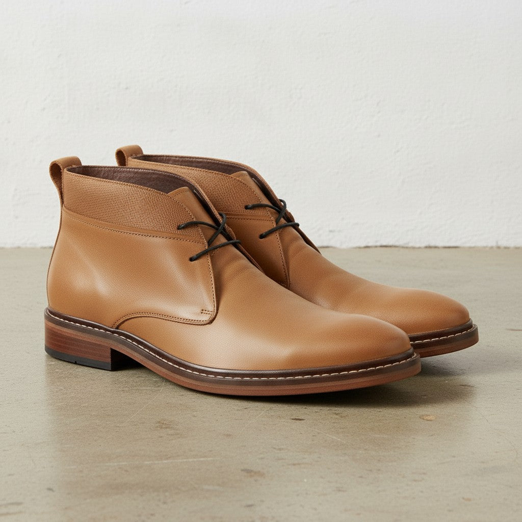 Men's Tan Plain-Toe Leather Chukka Boots