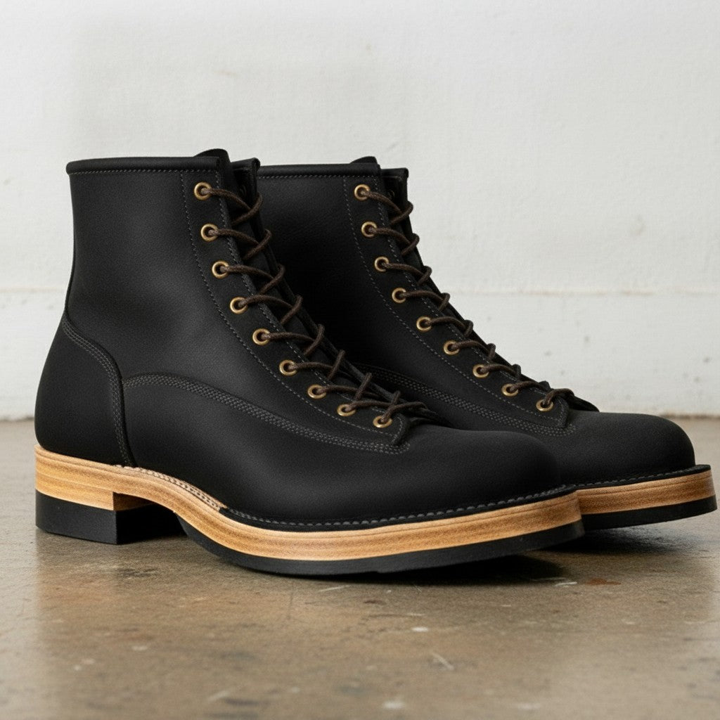 Men's Black Plain-Toe Leather Lace-Up Boots