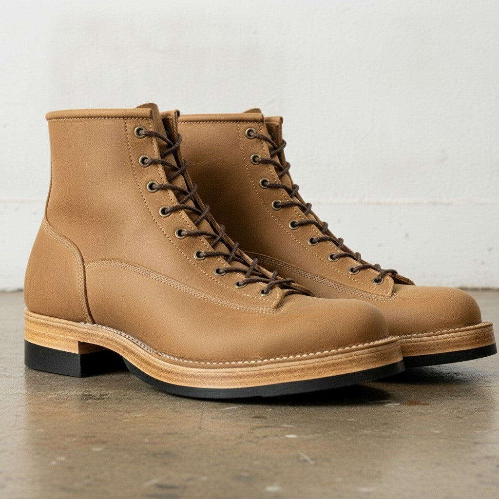 Men's Tan Plain-Toe Leather Lace-Up Boots