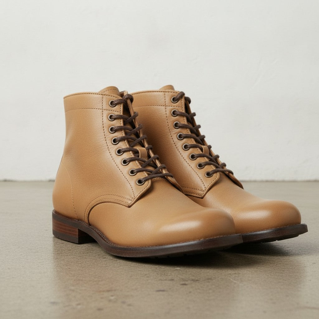 Men's Tan Plain-Toe Leather Ankle Lace-Up Boots