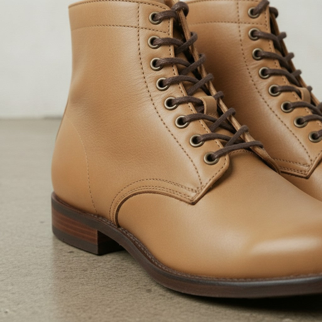 Men's Tan Plain-Toe Leather Ankle Lace-Up Boots