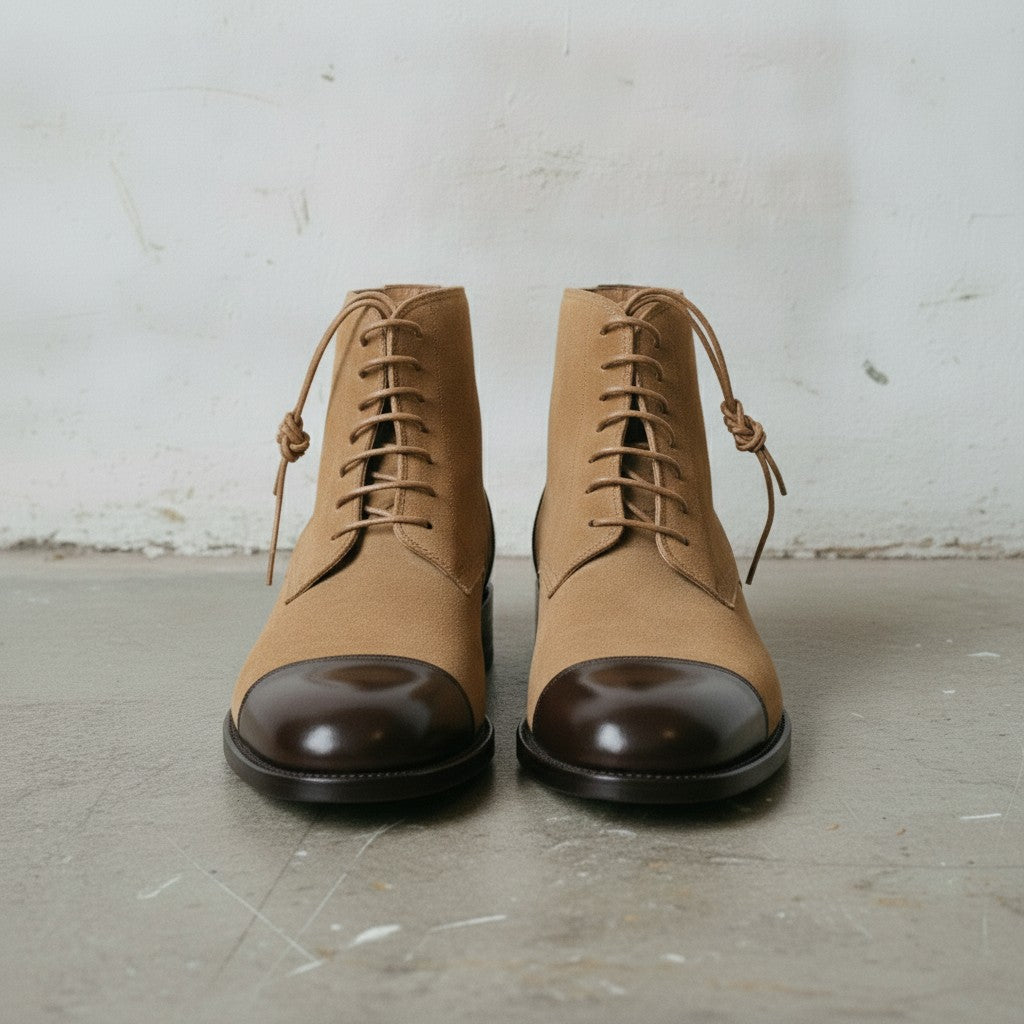 Men's Tan Cap-Toe Suede Derby Boots