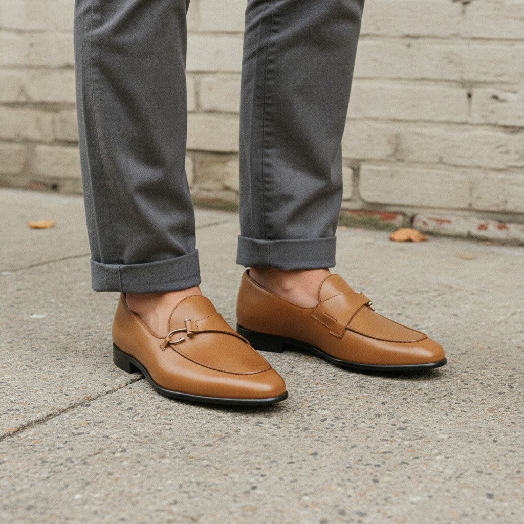 Men's Tan Apron-Toe Leather Bit Loafers