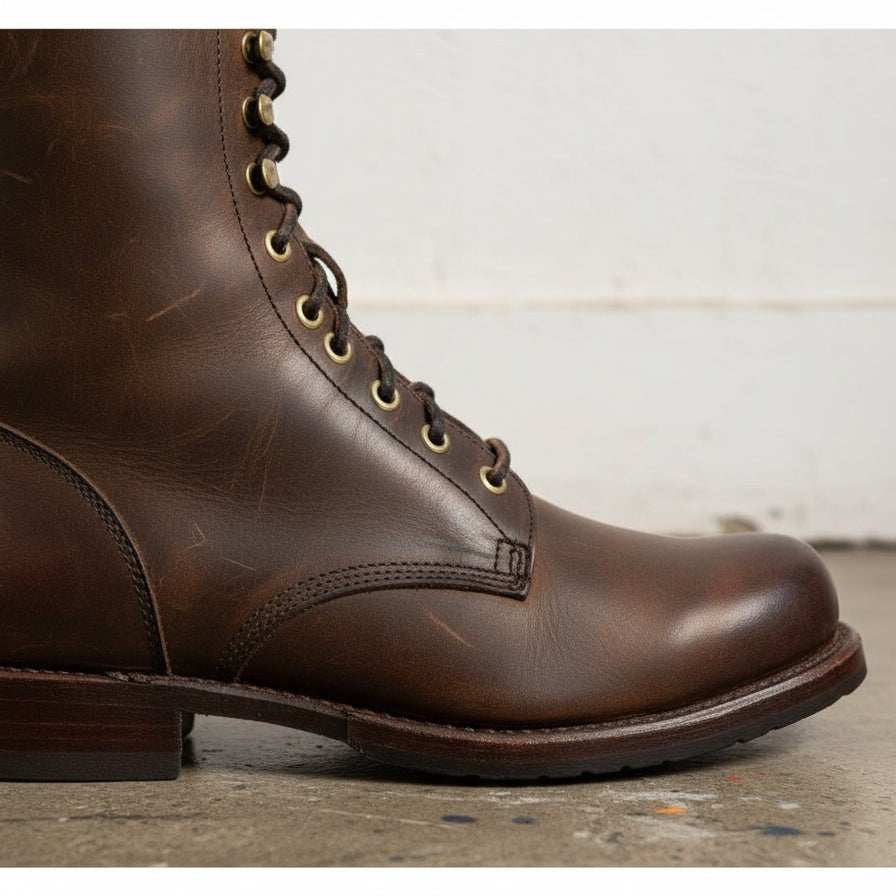 Men's Dark Brown Plain-Toe Leather Combat Boots — Huntington
