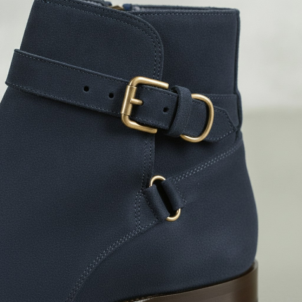 Men's Navy Blue Plain-Toe Suede Jodhpur Boots