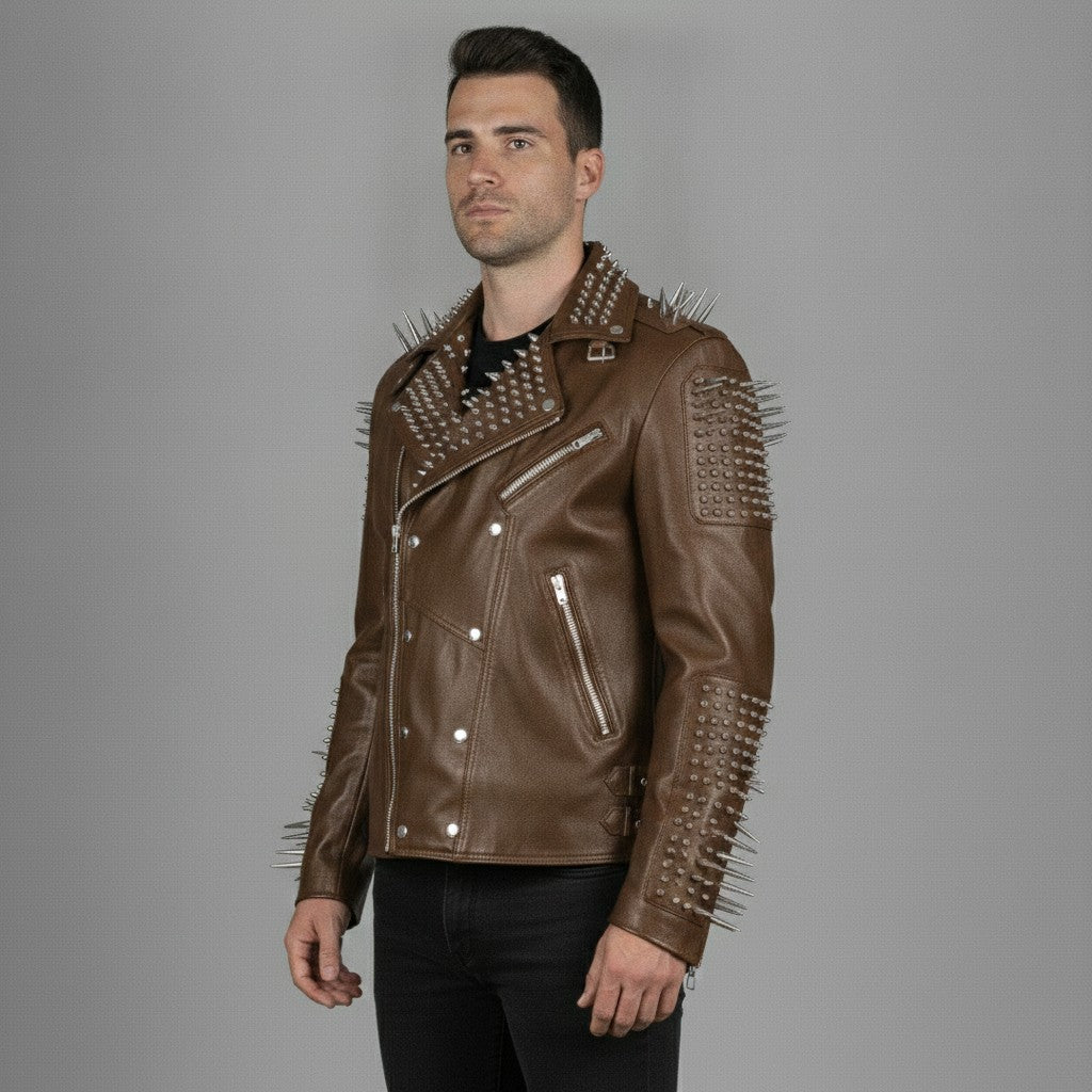 Men's Brown Studded Leather Biker Jacket