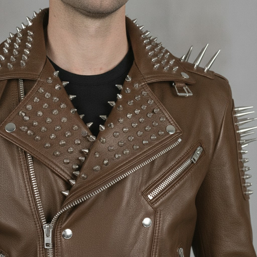 Men's Brown Studded Leather Biker Jacket