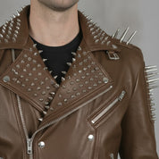 Men's Brown Studded Leather Biker Jacket