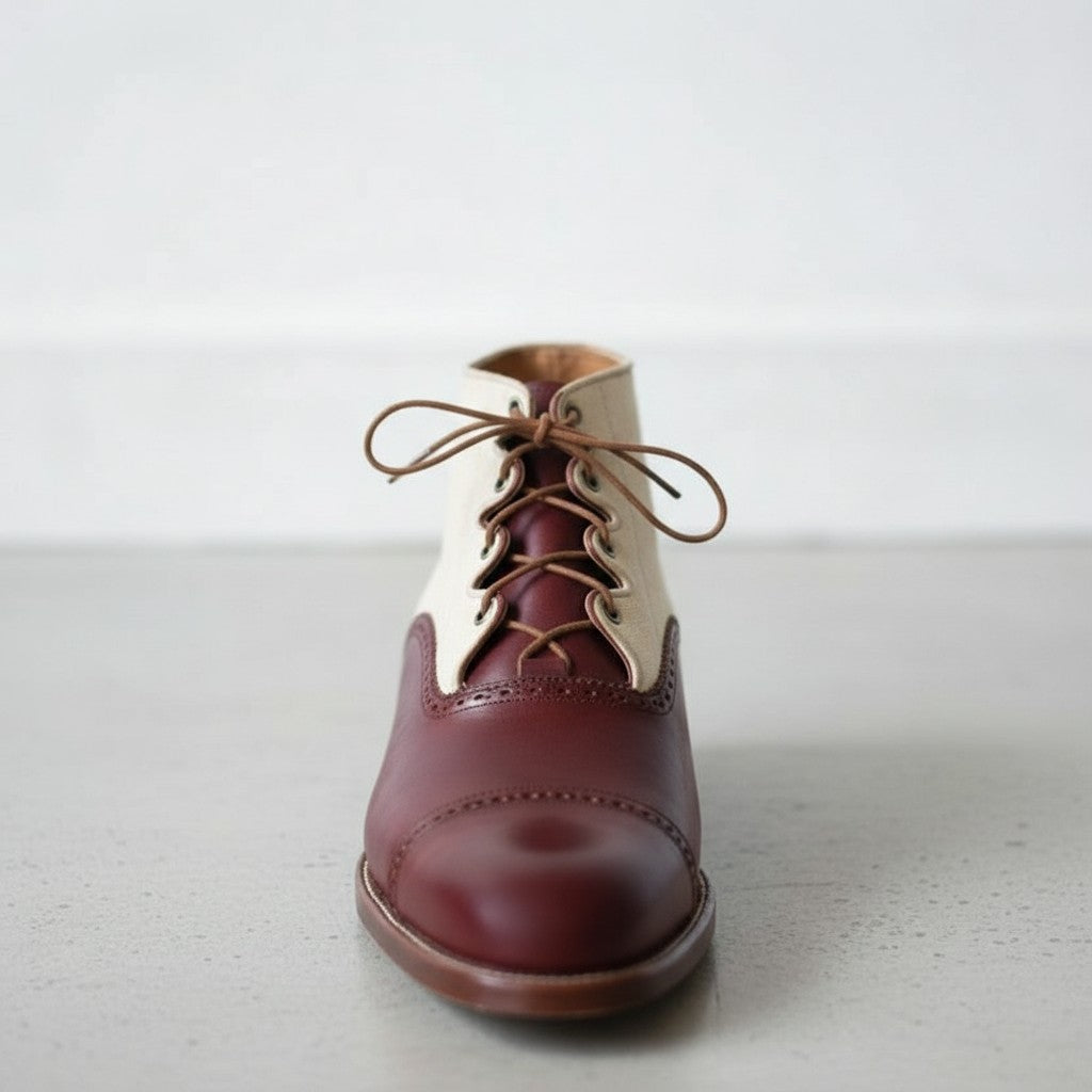 Men's Burgundy and Cream Cap-Toe Leather Spectator Oxford Boots — Edridge