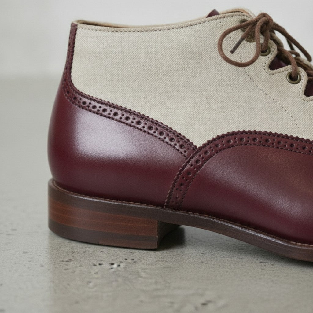 Men's Burgundy and Cream Cap-Toe Leather Spectator Oxford Boots — Edridge