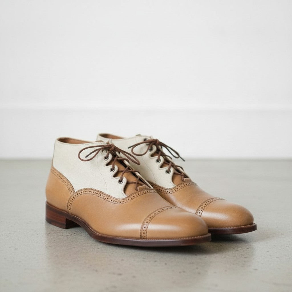 Men's Tan and Cream Cap-Toe Leather Spectator Oxford Boots — Edridge