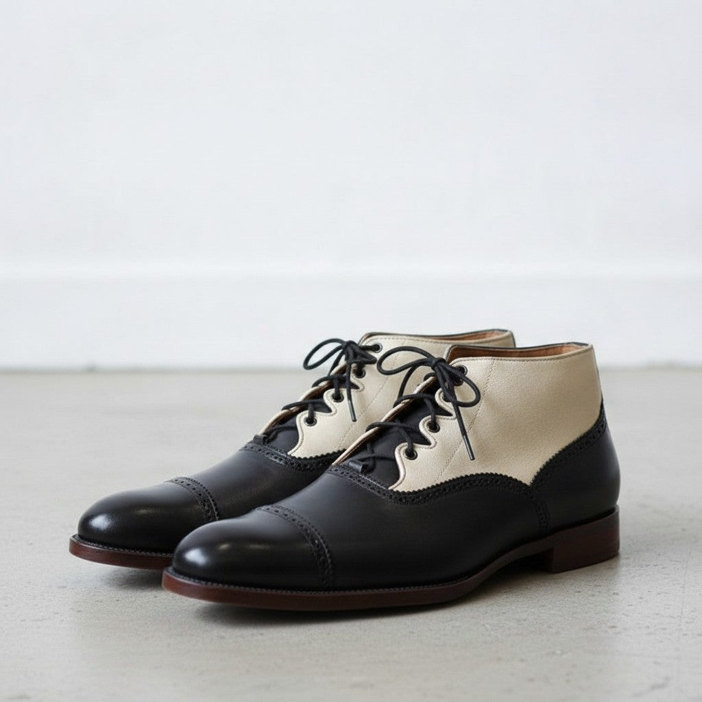 Men's Black and Cream Cap-Toe Leather Spectator Oxford Boots