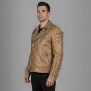 Men's Tan Studded Leather Biker Jacket