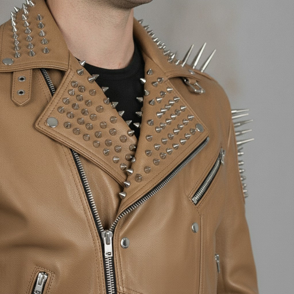 Men's Tan Studded Leather Biker Jacket