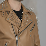 Men's Tan Studded Leather Biker Jacket