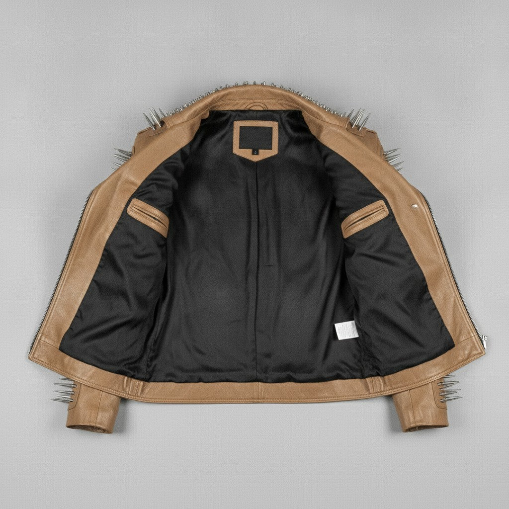 Men's Tan Studded Leather Biker Jacket