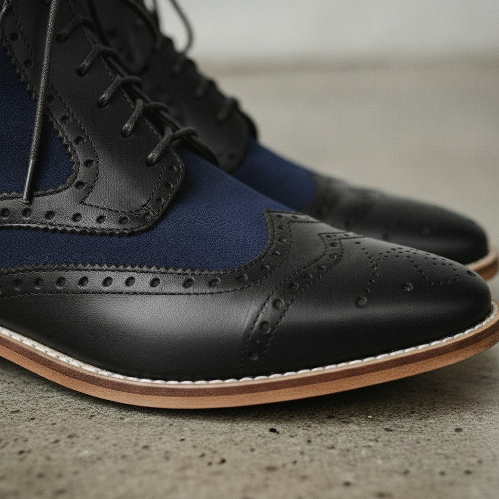 Men's Blue and Black Wingtip Leather Derby Boots — Enbourne — Enbourne