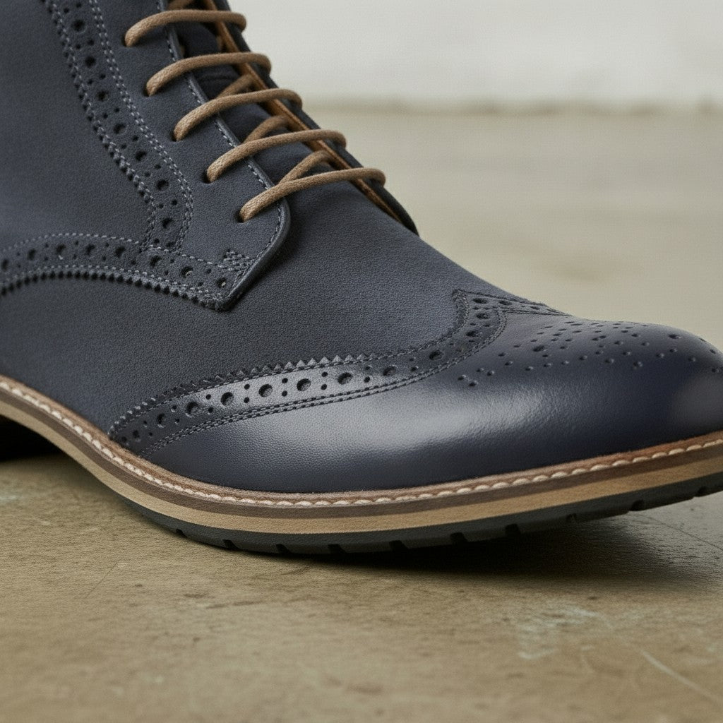 Men's Navy Blue Wingtip Suede Derby Boots — Potter