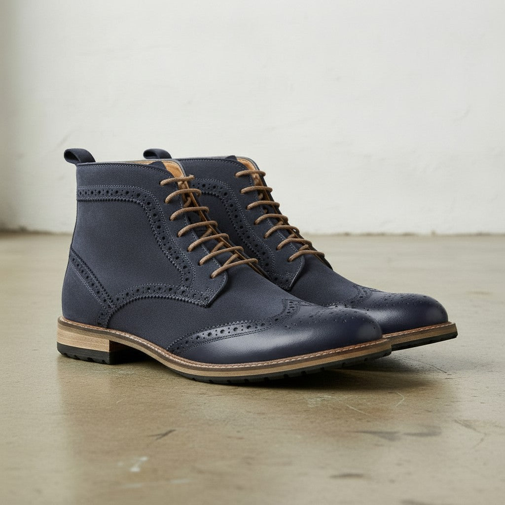 Men's Navy Blue Wingtip Suede Derby Boots — Potter