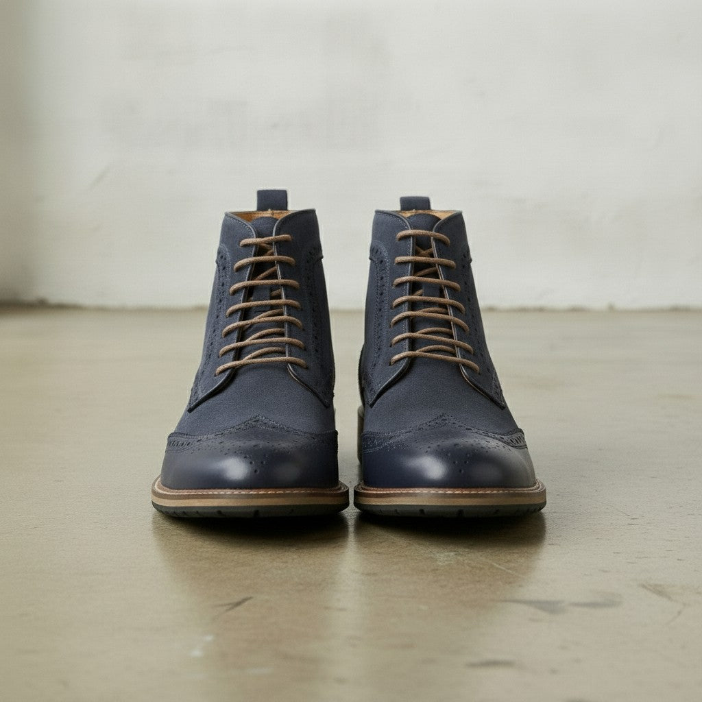 Men's Navy Blue Wingtip Suede Derby Boots — Potter