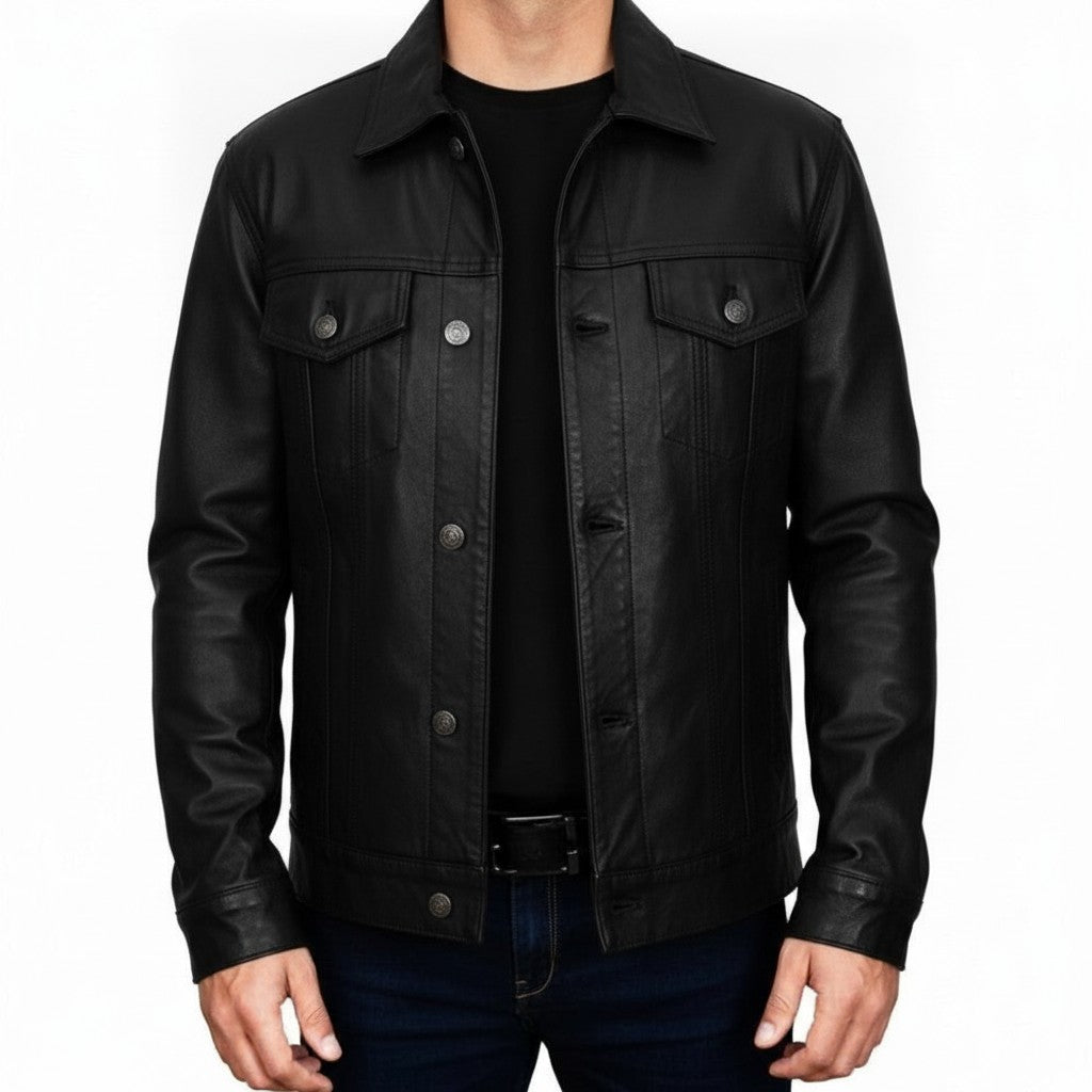 Men's Black Leather Trucker Jacket