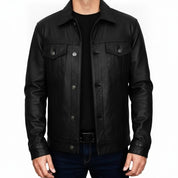 Men's Black Leather Trucker Jacket