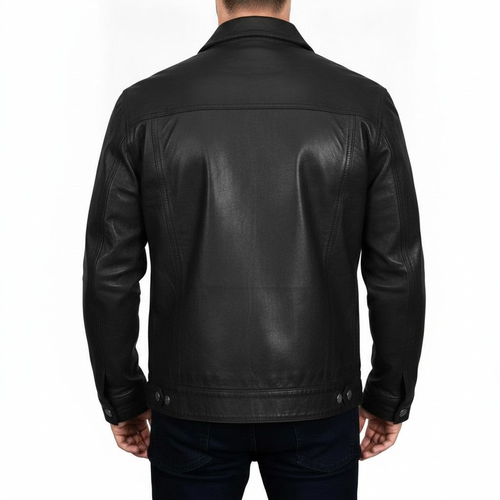 Men's Black Leather Trucker Jacket