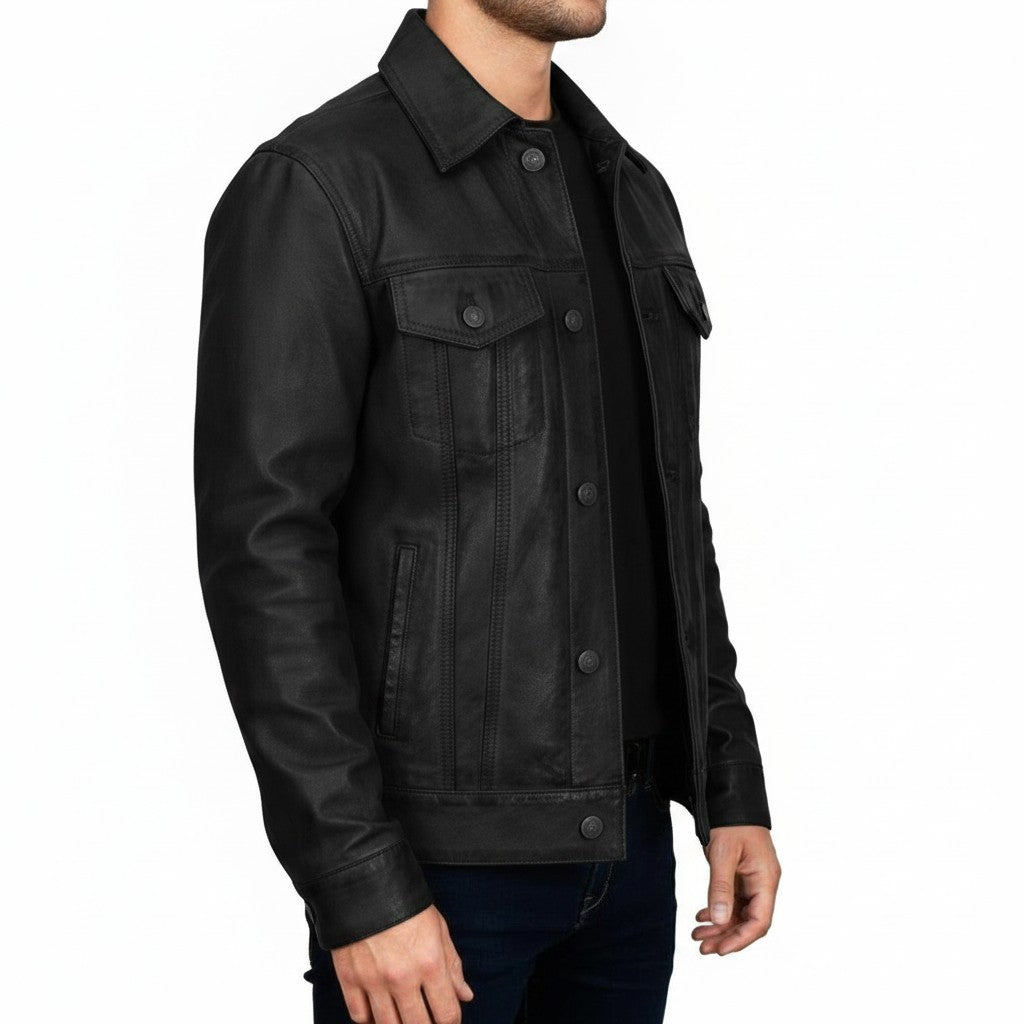 Men's Black Leather Trucker Jacket
