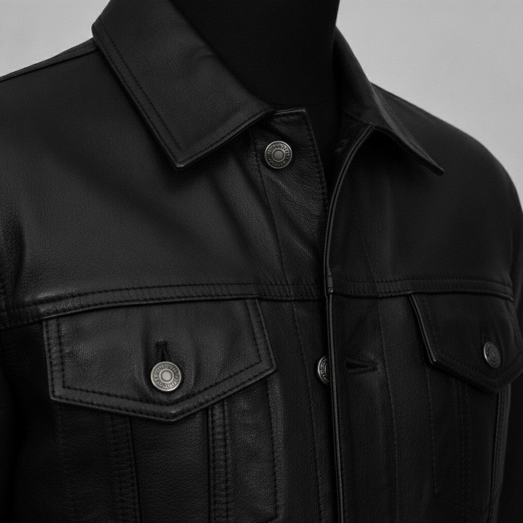 Men's Black Leather Trucker Jacket