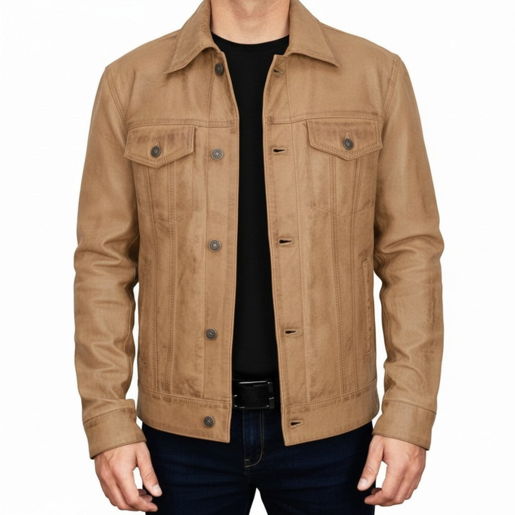 Men's Tan Leather Trucker Jacket