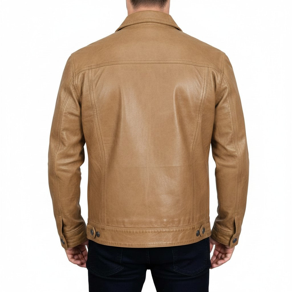 Men's Tan Leather Trucker Jacket
