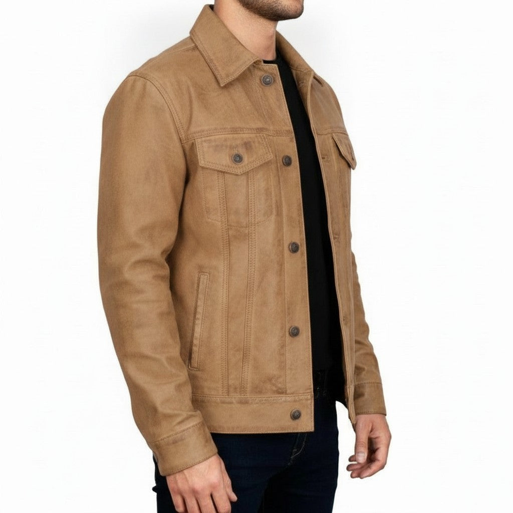 Men's Tan Leather Trucker Jacket