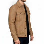 Men's Tan Leather Trucker Jacket