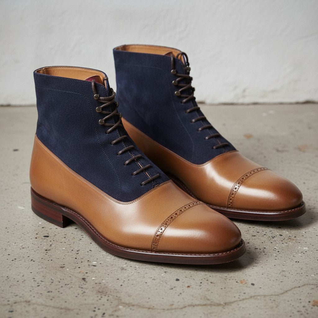Men's Tan and Dark Blue Cap-Toe Leather Derby Boots — Smedley