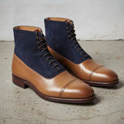 Men's Tan and Dark Blue Cap-Toe Leather Derby Boots — Smedley