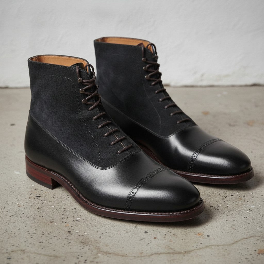 Men's Black and Dark Blue Cap-Toe Leather Derby Boots — Smedley
